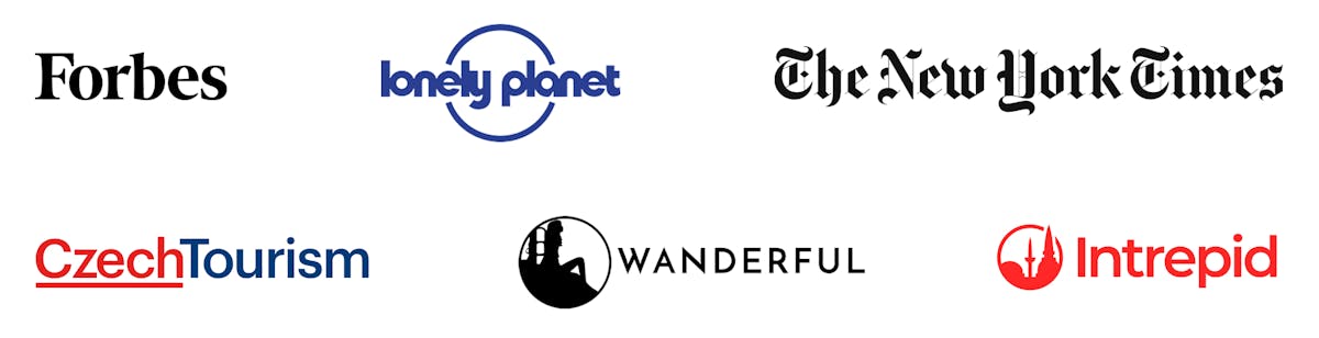 company names and logos of companies that we've been working with, such as Forbes, Lonely Planet, The New York Times, CzechTourism, Wanderful and Intrepid