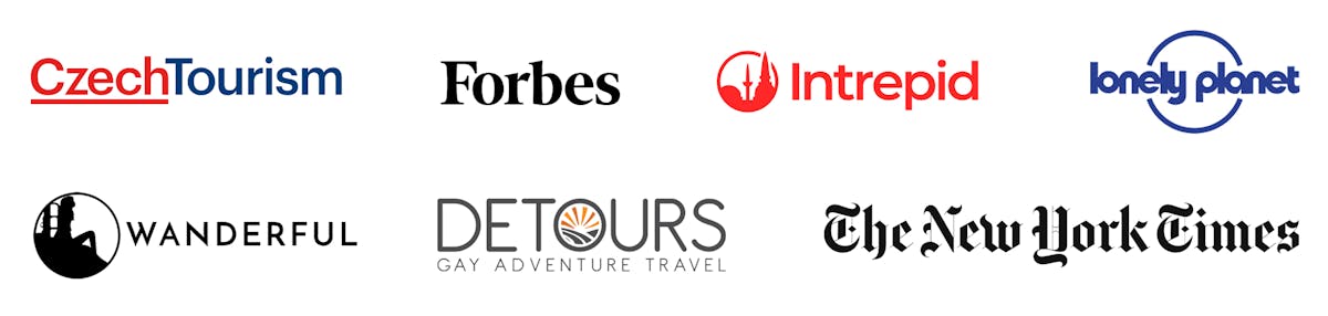 company names and logos of companies that we've been working with, such as Forbes, Lonely Planet, The New York Times, CzechTourism, Wanderful, Intrepid, and Detours Travel