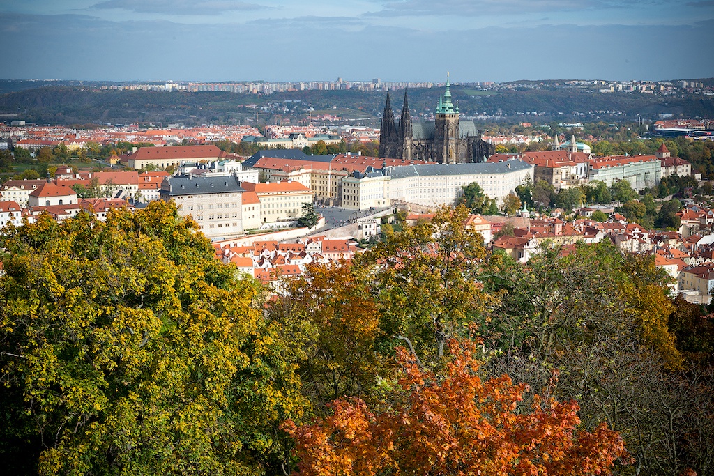 a view of the Prague Castle complex from the Petrin Park in autumn