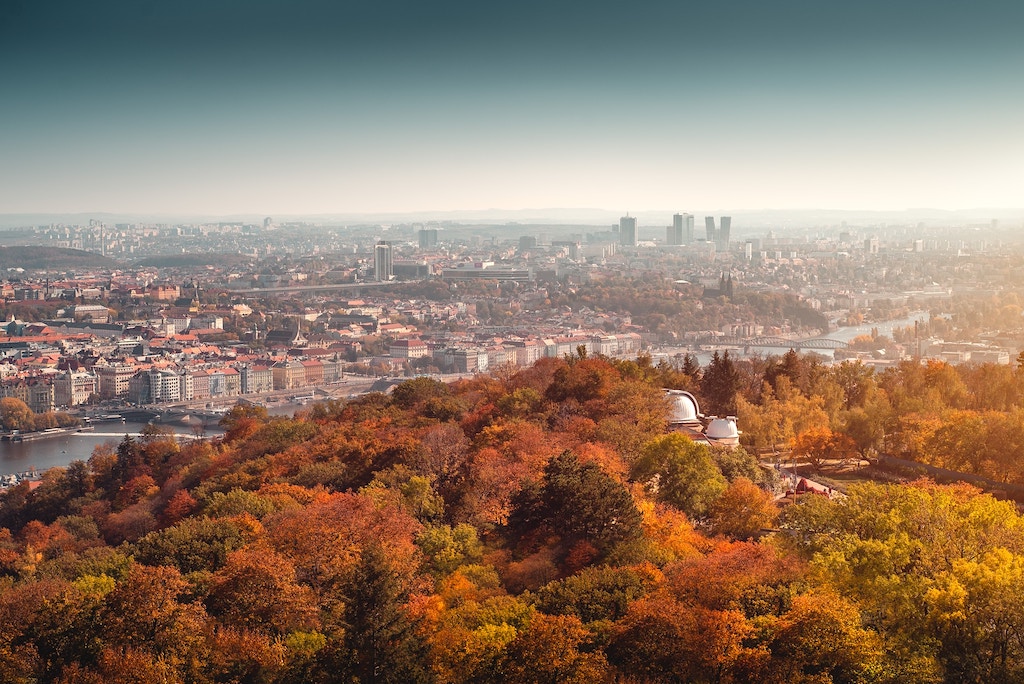 a view of Prague from the Petrin Observatory Tower during autumn in Prague