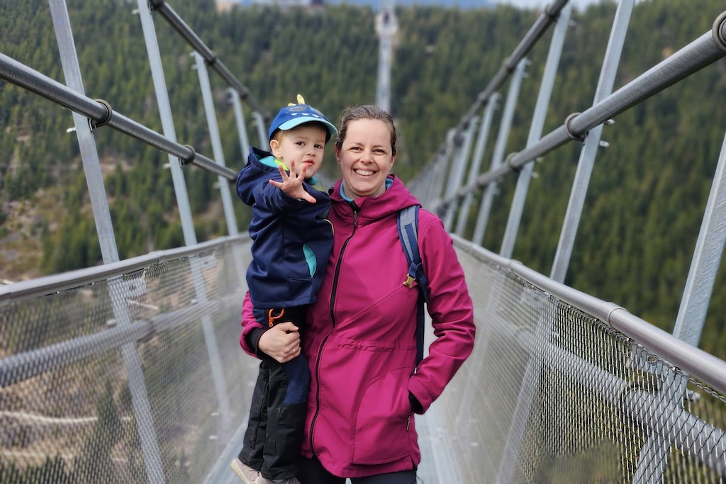 a mum holding a little boy on the Sky Bridge in eastern Czech Republic