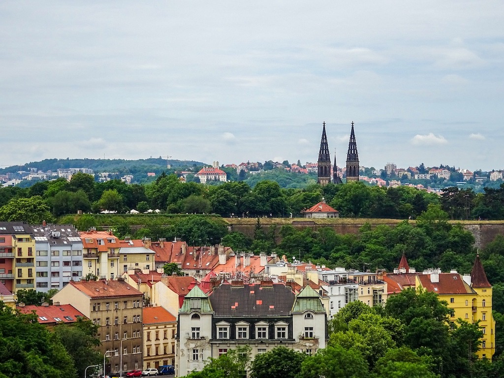 a panoramic view of Prague with Vysehrad in the foreground
