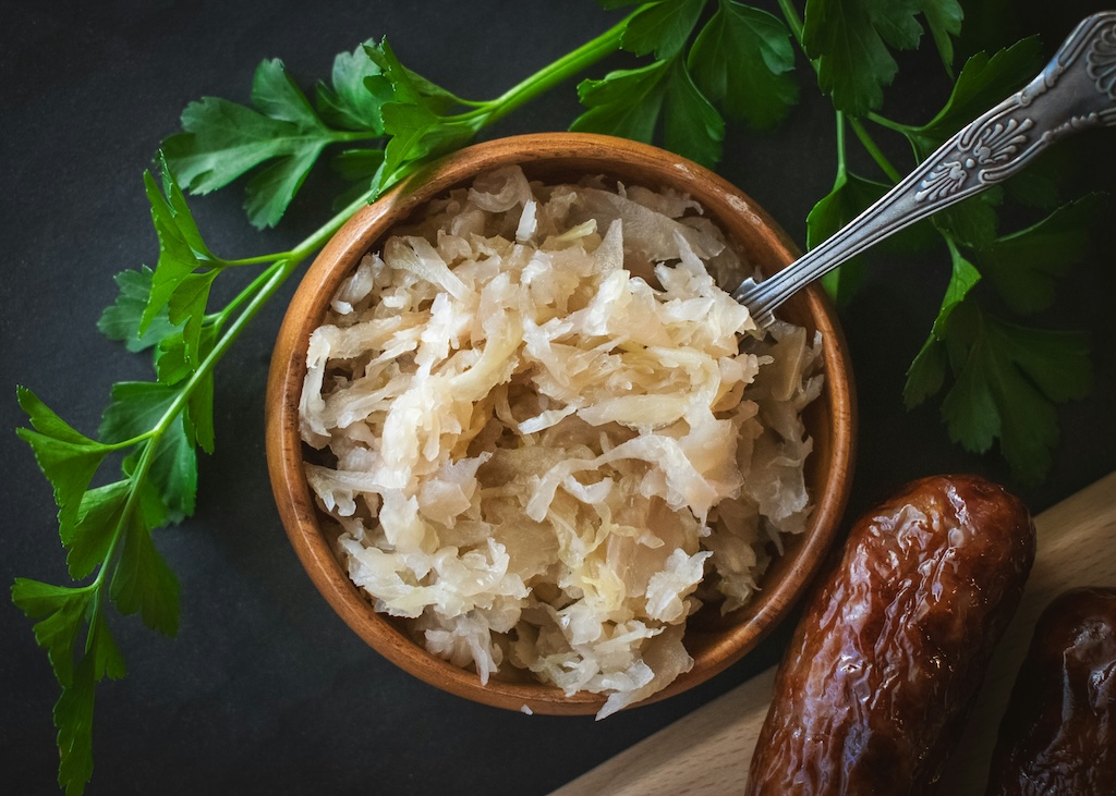 a bowl of freshly served sauerkraut or fermented cabbage