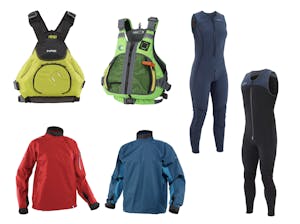 Clockwise from top left: NRS Ninja PFD; MTI Trident PFD; NRS Jane & John 3.0 Ultra wetsuits; NRS Endurance splash jackets.