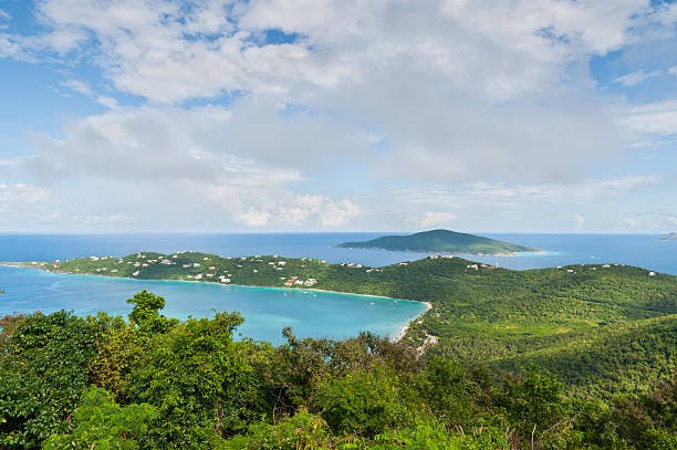 The beautiful inland Magens Bay on the US Virgin Island of Saint Thomas as seen from mountain top.