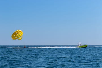 a group of people parasailing above a body of water