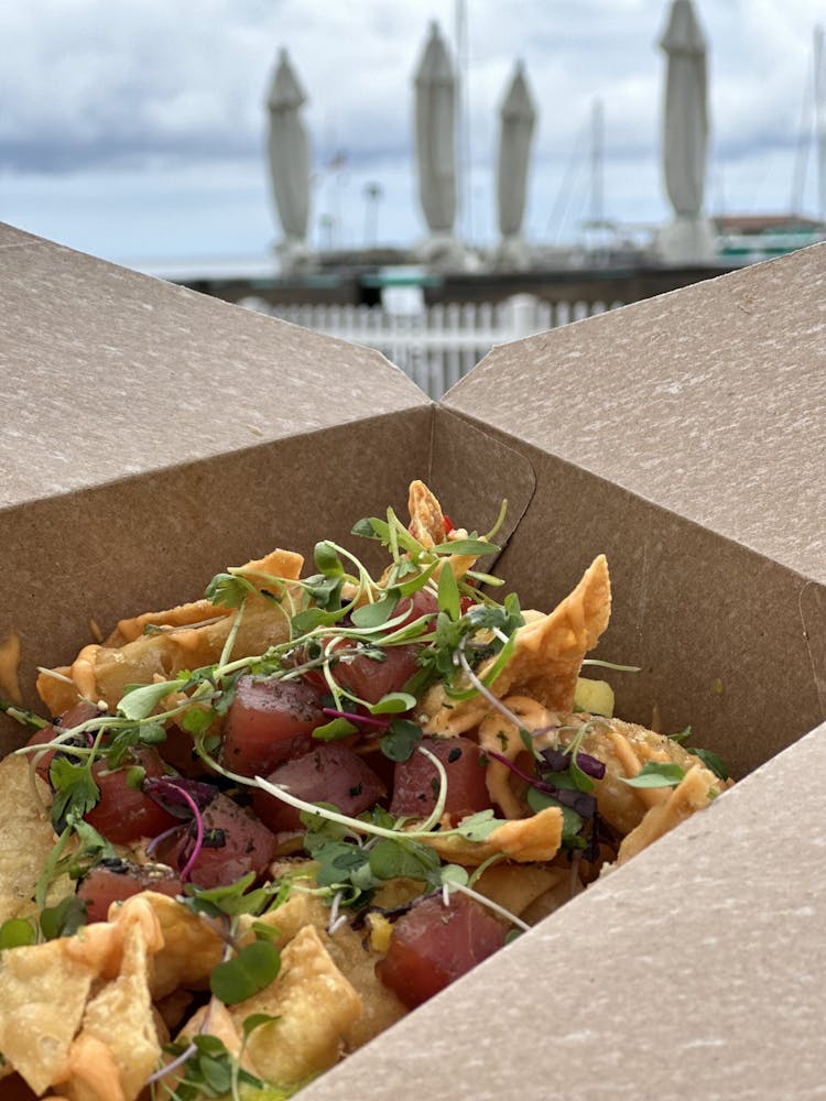 a close up of a special order of poke nachos served on Catalina Island
