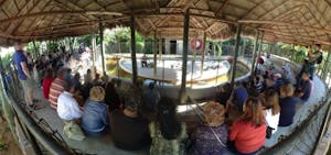 a group of people sitting at a zoo