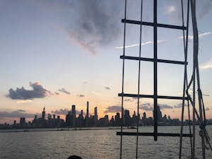 View of the Chicago skyline at twilight from the decks of Tall Ship Windy