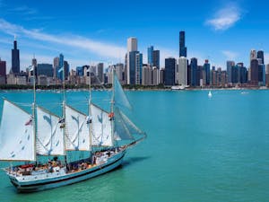 Tall Ship Windy sailing on Lake Michigan with the City Skyline in the Background