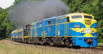 a blue train traveling down train tracks near a forest