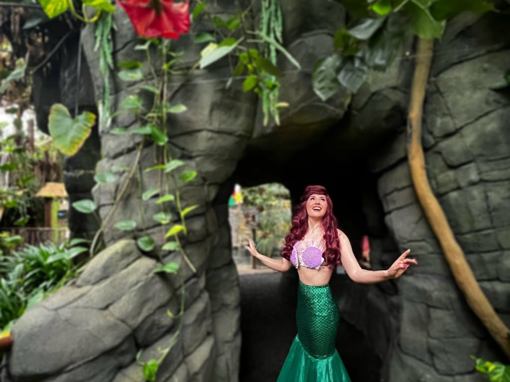 a woman dressed as the Little Mermaid standing in a cave entrance