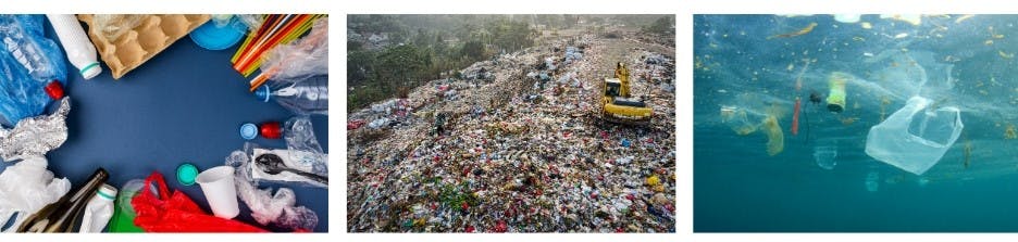 3 images: Many different household items that can be recycled, arranged in a circle; a photo of a landfill site; and a photo of plastic items floating in the sea