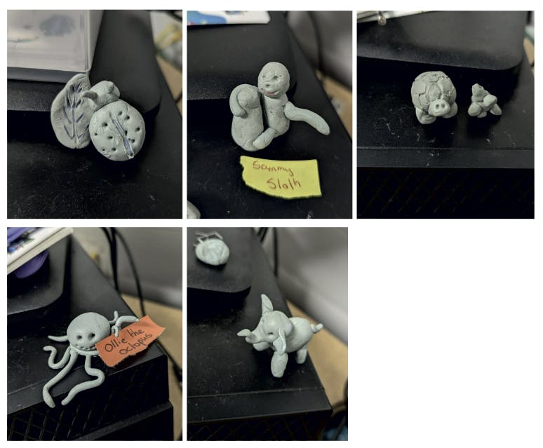 5 images of animals made from blu-tack
