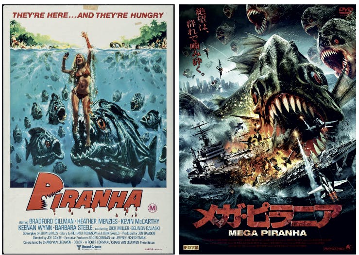 a close up of piranha & Jaws posters courtesy of https://www.etsy.com/uk/listing/1359601332/piranha-united-artists-1978-retro-movie ; https://www.cinematerial.com/movies/mega-piranha-i1587807/p/ovm9zqb4