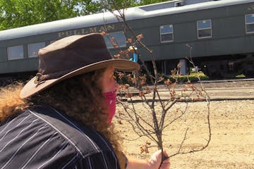 a person sitting on a train track with trees in the background