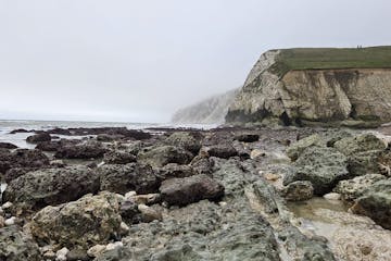 a rocky beach next to the rock
