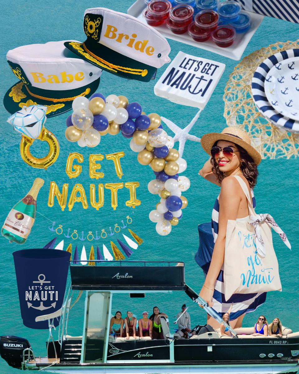 party decor, outfits, and activity ideas for a lets get nauti bachelorette party theme