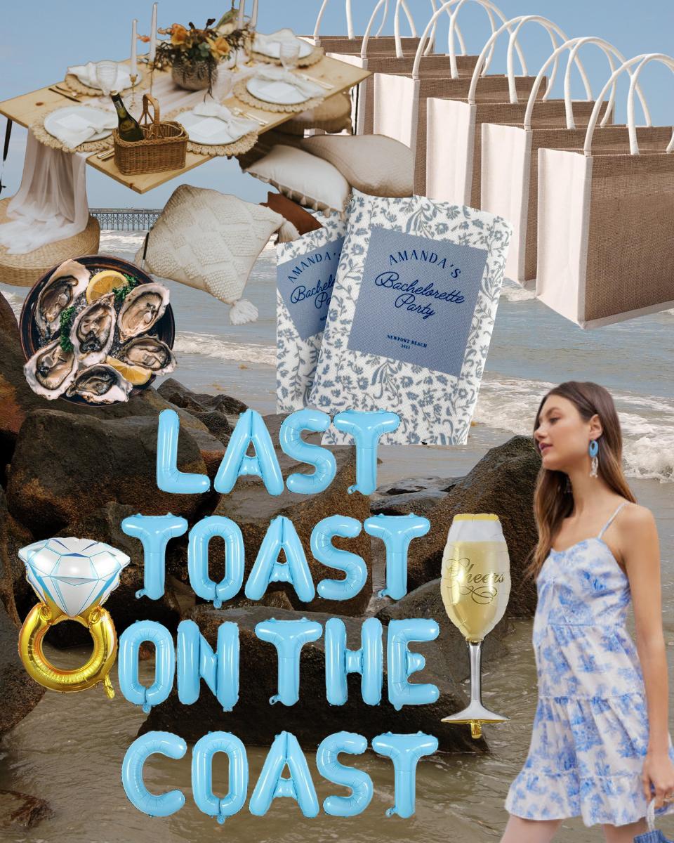 party decor, outfits, and activity ideas for a last toast on the coast or costal grandma bachelorette party theme