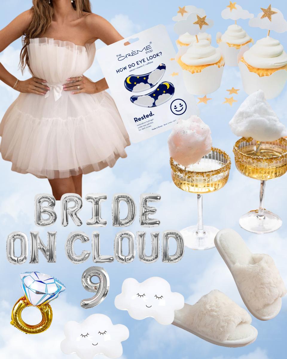 party decor, outfits, and activity ideas for a bride on cloud nine bachelorette party theme