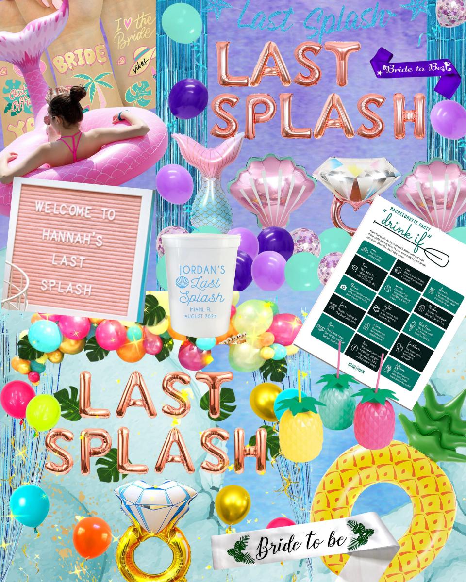 party decor, outfits, and activity ideas for a last splash mermaid or tropical luau bachelorette party theme