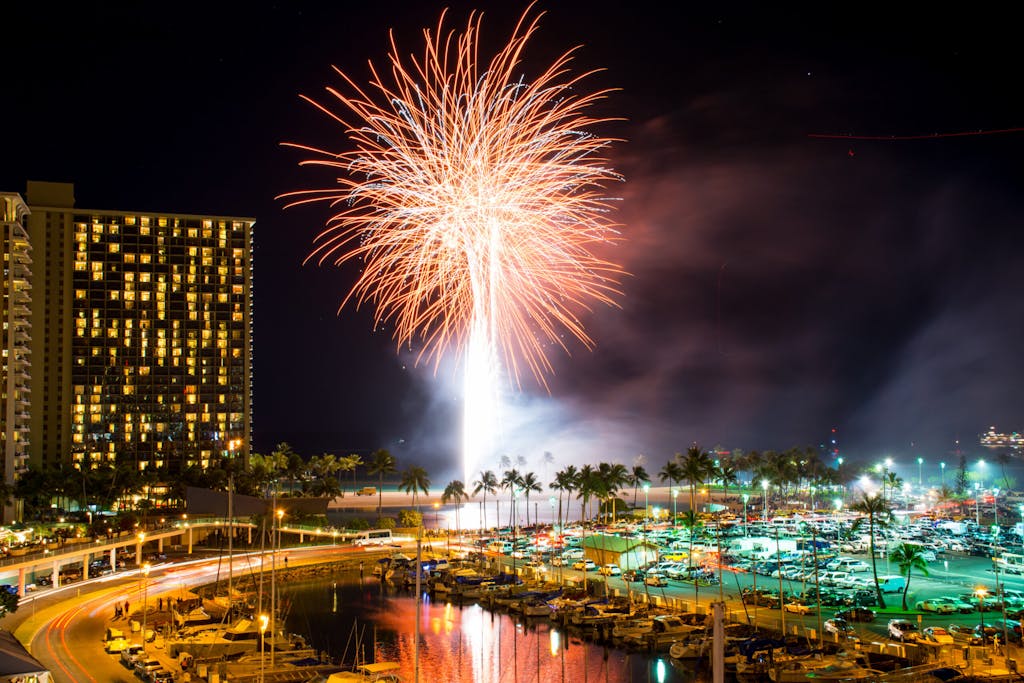 Fireworks-in-Waikiki-over-Ala-Wai-Boat-Harbor-Honolulu