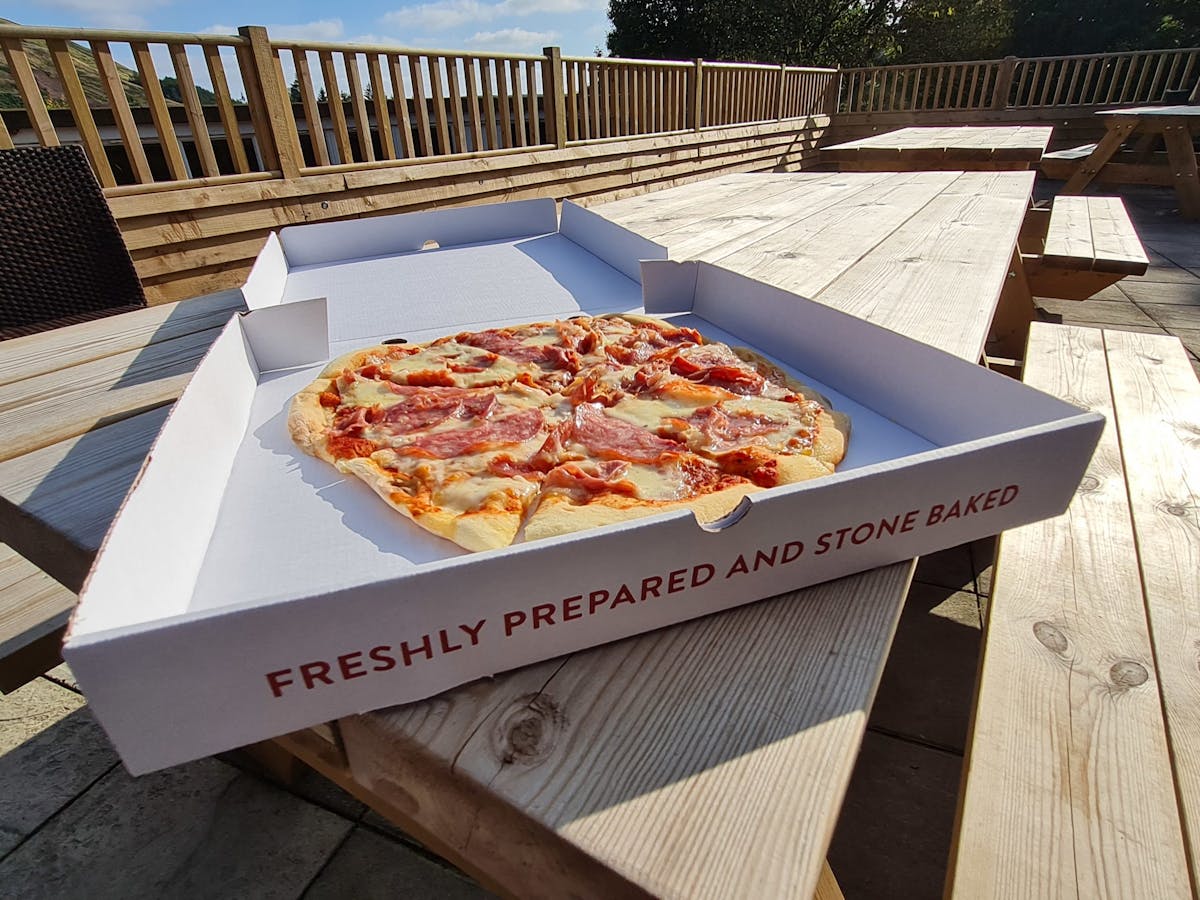 a pizza sitting on top of a picnic table