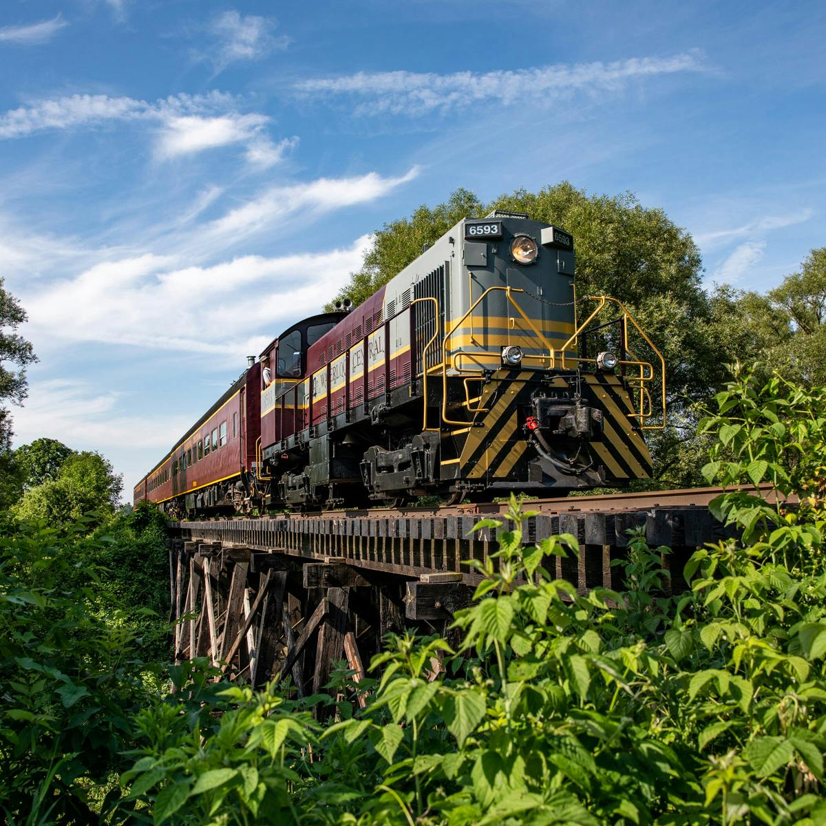 a large long train on a train track with trees in the background