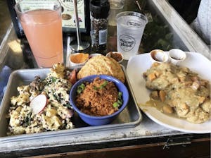 a bunch of food on a tray