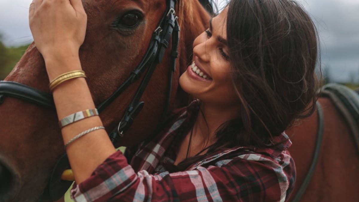 a person holding a brown horse