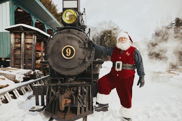 Santa with steam locomotive number 9 at the WW&F Railway.