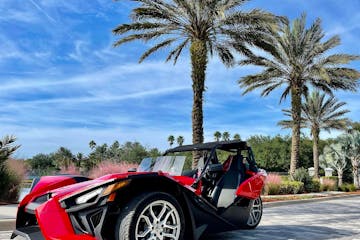 a slingshot parked in front of a palm tree