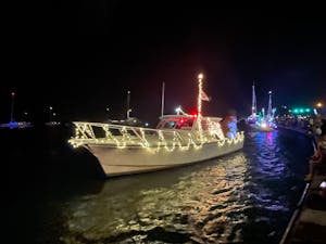 a boat that is lit up at night