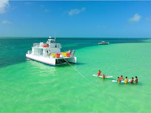 a catamaran yacht on a sandbar with people in the water