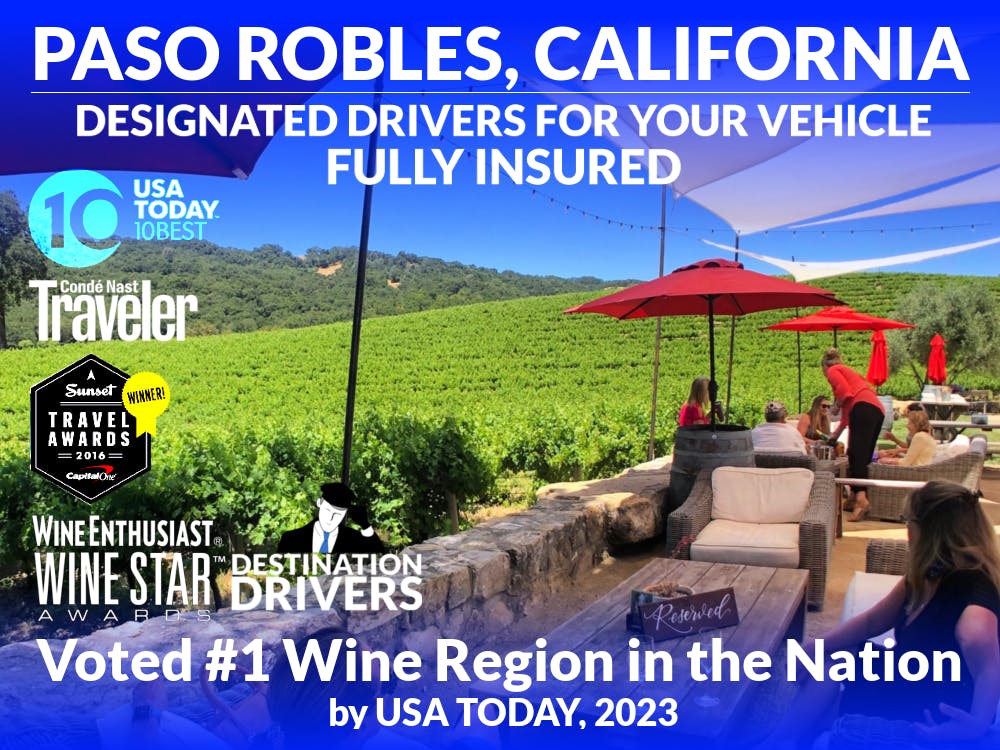 View of a Paso Robles winery during a wine tour with a designed driver
