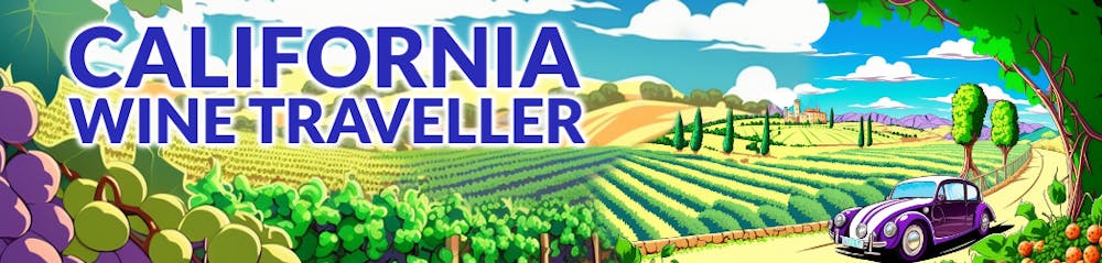 blog header vehicle driving through vineyards, title: California Wine Traveler