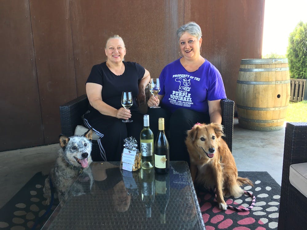 Dog-friendly-california-m2-winery-Staff-with-Dozer-and-Margie.