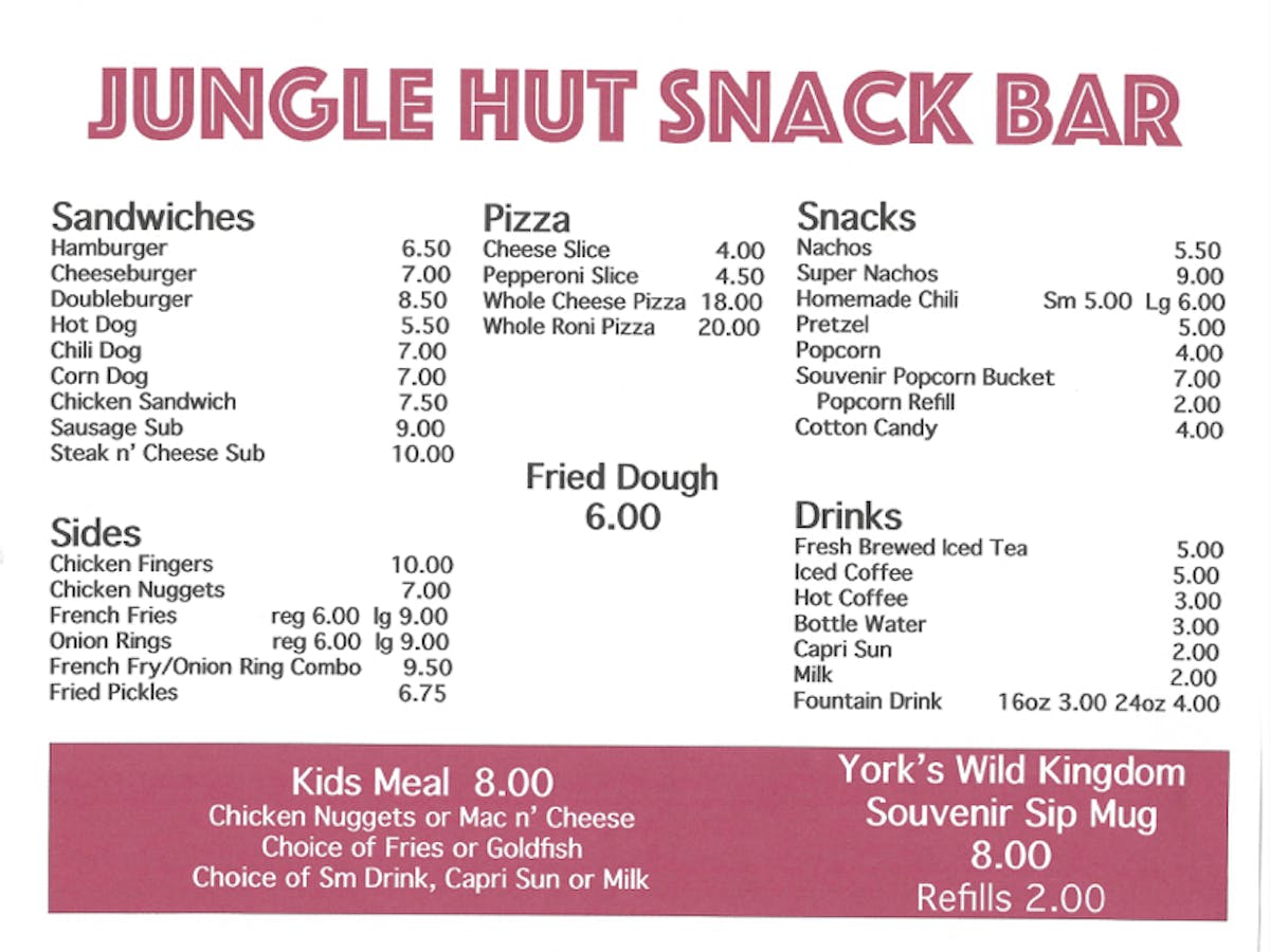 Jungle Hut Snack Bar Menu