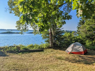 An island campsite with an open area, tent, and trees. Water in the distance.