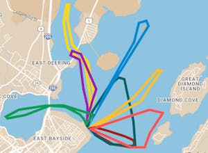 A map of the east harbor with race courses drawn on it in different colors