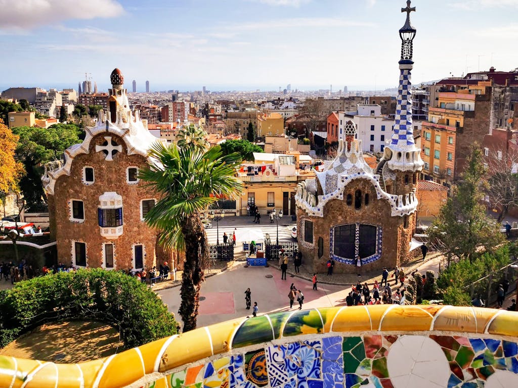 Park Güell in the city with a palmtree.