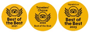 Three TripAdvisors Travelers Choice Awards, dated years 2021, 2022, 2023