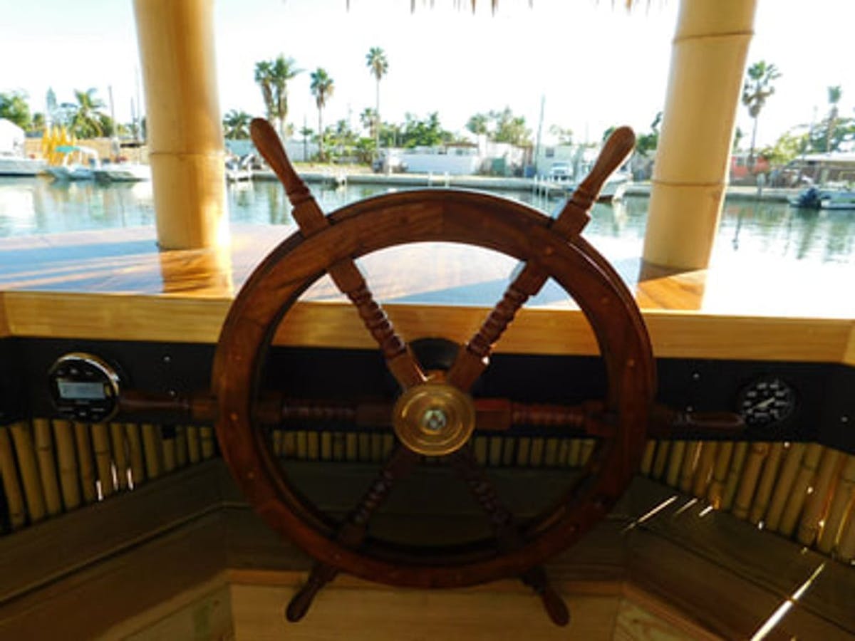 the boat's steering wheel