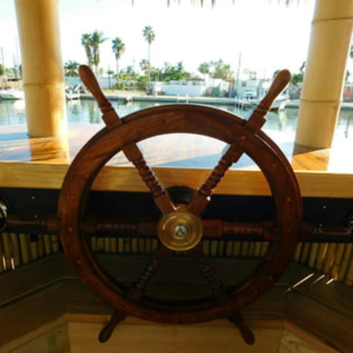 the boat's steering wheel