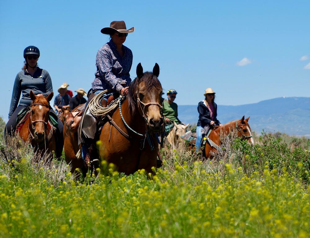 Group of riders on horseback exploring the scenic Colorado wilderness at Rusty Spurr Ranch, capturing the natural beauty of the area.