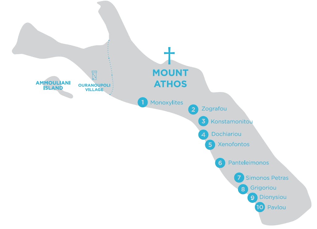 A map showing the location of monasteries along the western coast of Mount Athos.