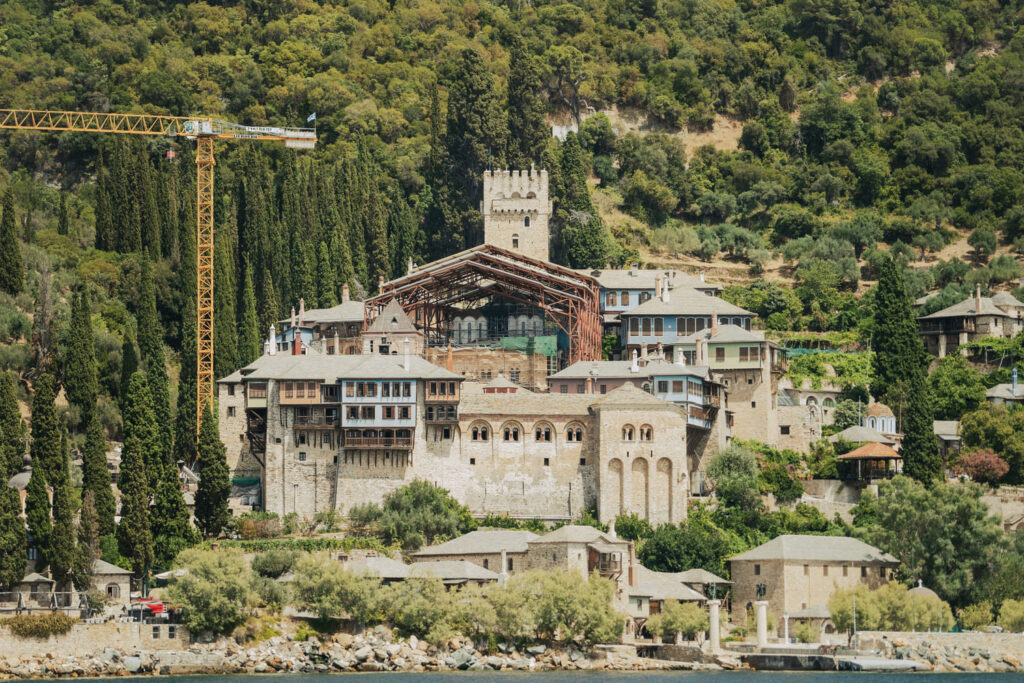 Exterior view of Dochiariou Monastery, a historic monastery on the western coast of Mount Athos.