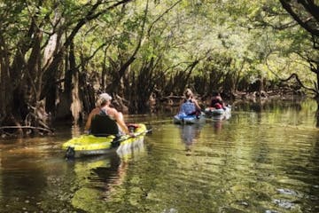 a group of people in a boat on a river surrounded by trees