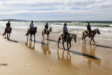 a group of people riding a horse on a beach in Australia