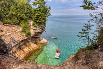 a boat inside a lagoon on overlooking lake superior